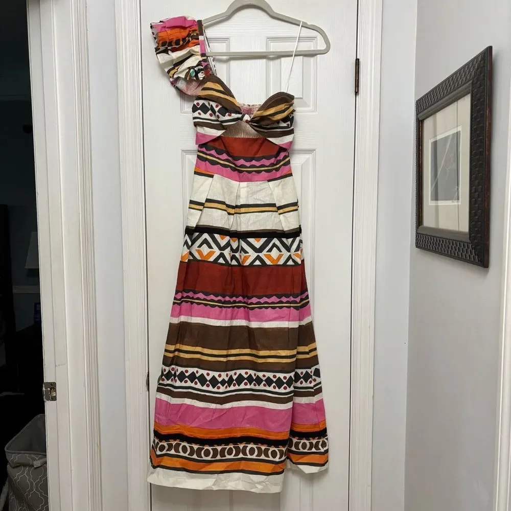 Eva Franco Dress One Shoulder Pleated Tulum Stripe Linen Tribal Ethnic 4 NWT